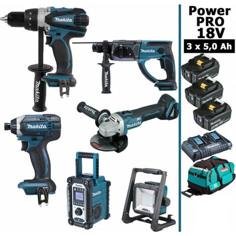 Pack Power PRO 6 outils 18V: DDF458 + DTD152 + DGA504 + DHR202 + DMR108 + Projecteur + 3 batt 5Ah + sac (1/5)