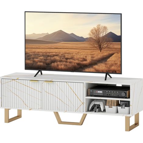 Marble Effect TV Unit, TV StCabinet for up to 70" TVs, Modern TV Cabinet with Shelves Storage Cupboard, Fluted Door, Extra Centre Leg, Cable Management for Living Room, White (1/5)
