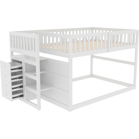 Letto a castello basso per bambini 140 x 200 cm con scala contenitore, bianco MODENUIT (1/5)