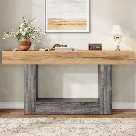 Table console en panneaux de particules effet bois bicolore naturel, 160 cm avec étagère basse (1/5)