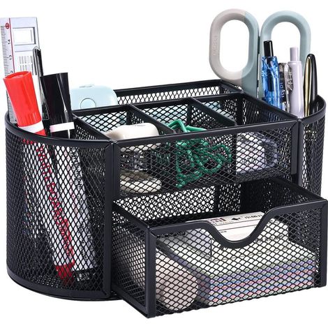 Organiseur de bureau en maille métallique avec tiroir et porte-stylo pour stylos, notes adhésives, agrafes, trombones, compact et élégant pour un gain de place. (1/5)