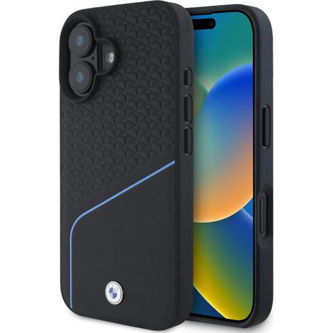 Coque rigide BMW BMHMP16S23RDCLK pour iPhone 16 6,1" noire, en cuir texturé et ligné, compatible MagSafe.