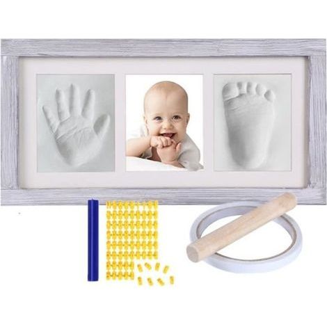 Cornice portafoto con doppia impronta - Neonato - Kit per impronte di mani e piedi - Legno massello - Atossico - Contiene da 2 a 4 foto (1/4)