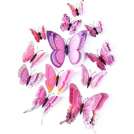 Papillon artificiel à double ailes 3D, décoration de mariage/fête/maison 12 pièces (Rose)-Fei Yu (1/5)