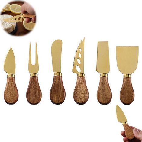 6 teiliges Käsemesser Set in Gold Klinge aus Edelstahl Käsemesser Holzgriff Griff aus Akazienholz mit ergonomischem Griff Käsereibe und gabel für (1/5)