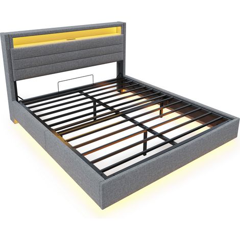 Lit coffre capitonné 160 x 200 cm gris en lin avec LED, USB et tête de lit relevable HOMVRA (1/5)