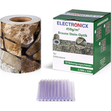 Electronicx PVC Sichtschutzstreifen Sichtschutzrolle Braune Steinoptik Doppelstabmatten 2x 35m x 19cm 450g/m² inkl. 40 Befestigungsclips