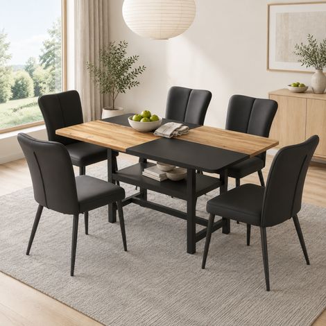 Rechteckiges Esstisch-Set 160 cm mit Stauraum und 6 schwarzen PU-Stühlen (1/5)