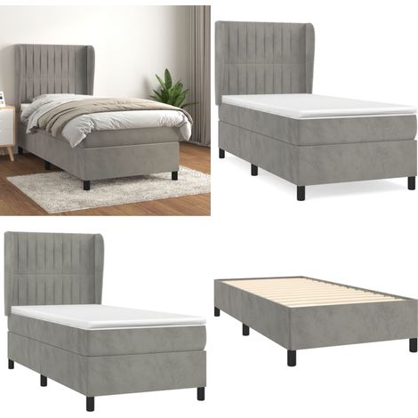 Cama box spring con colchón terciopelo gris claro 90x190 cm - Colchón de muelles - Cama con cabecero ajustable
