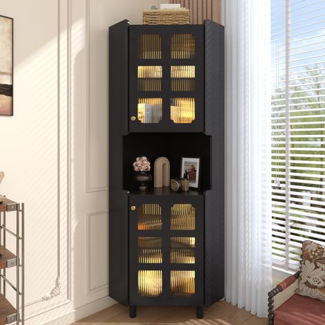 MEUBLIV Vitrine d’angle noire 63,5x157,5 cm – LED connectée et rangement (1/5)