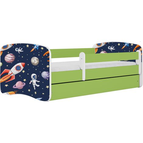 Lit enfant 70 x 140 cm thème espace avec tiroir et avec barrière amovible sans matelas vert (1/4)