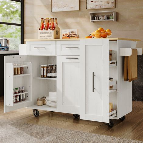 Îlot de cuisine blanc moderne grain bois avec étagères snacks et armoires extensibles,mobilier complet pour intérieur. (1/5)