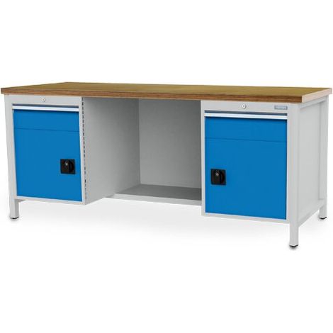 Kastenwerkbank Breite 2000 mm, R18-24, 2 x Schublade, 2 x Flügeltüre, 1 x Stahlfachboden halbe Tiefe, Rückwand Maße in mm (BxTxH): 2000 x 750 x 859 (1/4)