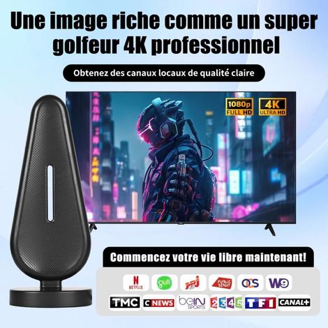Antenne TV Intérieure Puissante TNT HD, 2024 le plus récent Antenne TV Intérieur avec Amplificateur de Signal à Gain Élevé, Réception Longue Portée à 360° avec Base Magnétique Solide, Compat