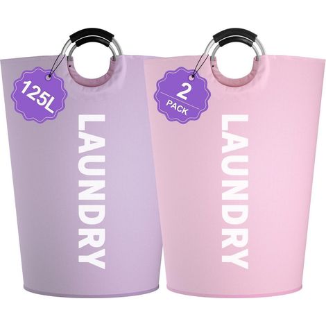 2er Pack XL Wäschekörbe 125L faltbar mit Griffen, 600D Oxford, Lila + Rosa (1/5)