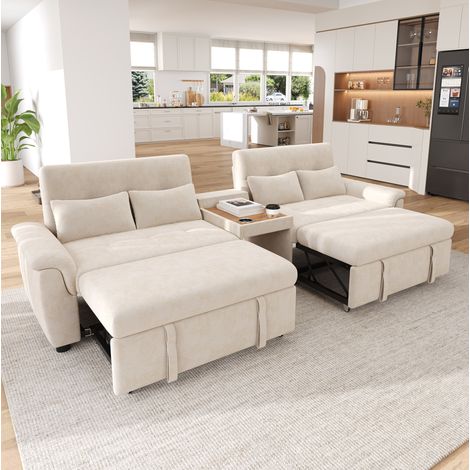 Canapé d’angle convertible en chenille beige, 3 positions, 284 x 138 x 89 cm (1/5)