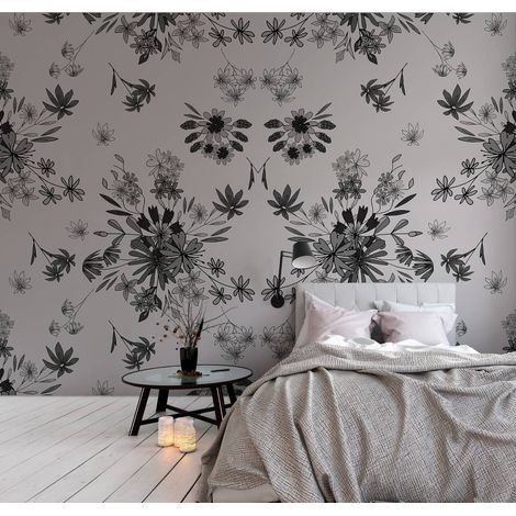 Papier peint panoramique floral gris & noir | Tapisserie panoramique fleurie pour salon | Papier peint panoramique moderne pour escalier - 270 x 500 cm (5 pièces) (1/5)