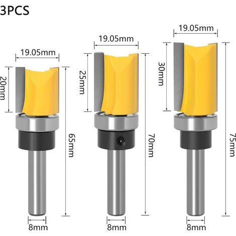 3Pcs 8mm Tige Fraise à Affleurer, Fraise à araser Fraise à Copier Avec Roulement Supérieur, Outils de Fraisage de Menuiserie -Diamètre de coupe 19.5 mm (1/5)