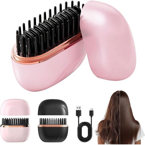 Cepillo alisador de pelo portátil, inalámbrico y recargable, con carcasa resistente al calor, ligero y portátil para viajes (rosa). (1/5)