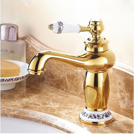 Grifo de fregadero de cerámica retro, grifo mezclador antiguo vintage para agua caliente/fría, repuesto decorativo para cocina y baño (corto) (1/4)