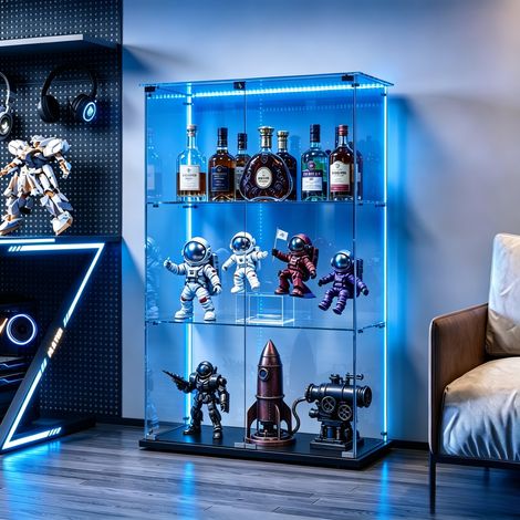 JOOKGBD-Glasvitrine,2 Tür vitrinenschrank 3 Regalen,mit Schloss und LED,Sammlerstücke Glasvitrine,Bücherregal aus Glas,Vertikale Glasvitrine,für Wohnzimmer Schlafzimmer Büro,Lampenkugel-Stil,Schwarz