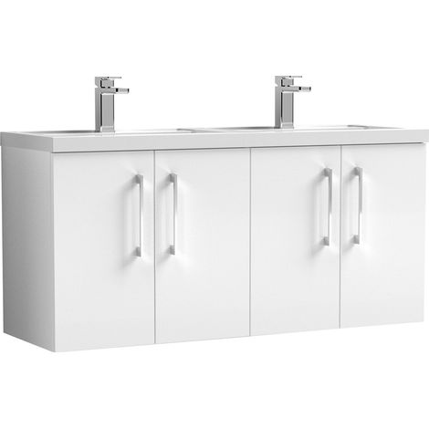 Balterley Bramshall 1200mm Wall Hung 4-Door Vanity Unit with Double Basin for Modern Bathroom Storage - Gloss White