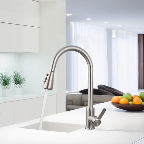 robinet de cuisine amovible, robinet de cuisine pivotant à 360°, mitigeur de cuisine en acier inoxydable à 3 modes, robinet haute pression pour évier de cuisine (chrome - grande tête) (1/5)