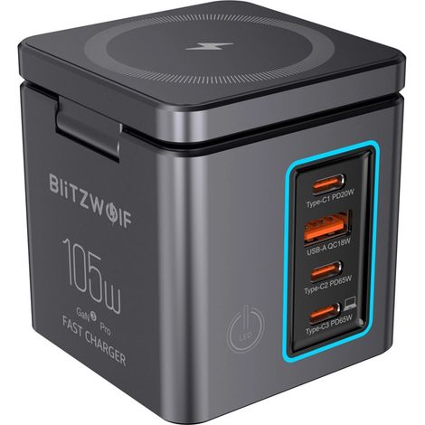Cargador de pared BLITZWOLF BW-i113 de 105 W con tecnología GaN, 3 puertos USB-C y USB-A (1/3)