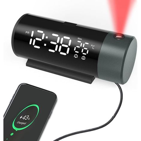 Réveil numérique avec projection de l'heure et température intérieure, double alarme snooze, mémoire intégrée, alimentation USB 5 V et recharge de téléphone (1/5)