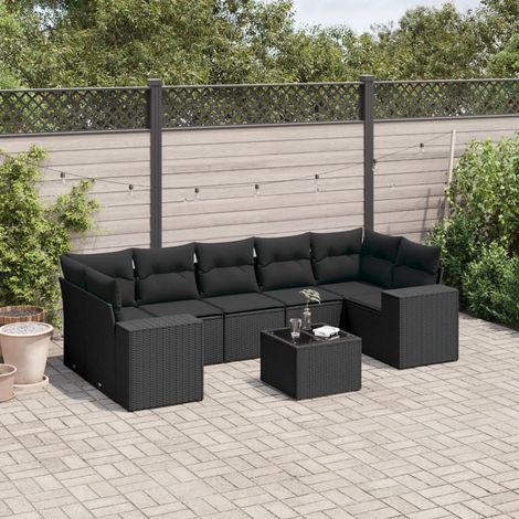Ensemble Salon Jardin 8 Places Noir Résine Tressée avec Table Verre Trempé et Coussins Confortables - Mobilier Extérieur Modulaire (1/5)