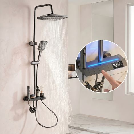 Colonna doccia con display LED della temperatura – Set doccia a parete con soffione a pioggia 30x20 cm e doccetta grigio antracite