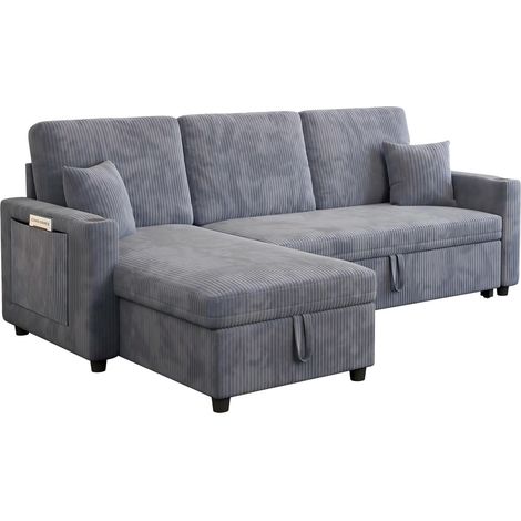 Sofá de esquina convertible modular con almacenaje, puertos USB y Type-C, portavasos, mesa, pana Gris (1/5)