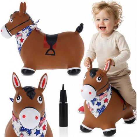 Sun Baby - Cheval sauteur avec pompe dès 1 an - Marron avec écharpe - Poids max. 50 kg, caoutchouc résistant, certifié sans BPA, cheval sauteur, chien sauteur (1/5)