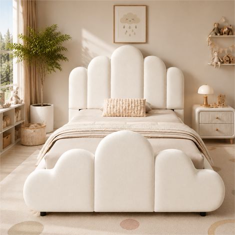 Lit pour enfant 90x200cm, sommier à lattes inclus, tête de lit capitonnée en velours beige, angles arrondis, sécurité maximale, literie complète pour chambre d'enfant. (1/5)