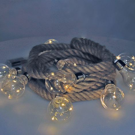 Feste batteriebetriebene Girlande, 10 Glühbirnen mit je 3 LEDs, Juteseil, warmweißes Licht, 3m  71209