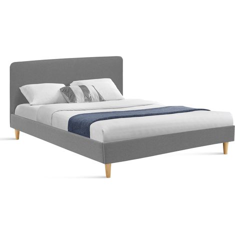 Idmarket – Lit double scandinave 160x200 cm – Tête de lit tissu gris clair – Structure en bois MDF – Sommier 24 lattes – Design minimaliste