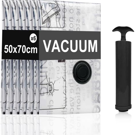 Housse Rangement Sous Vide Aspirateur,6 Pièces Sac Sous Vide Vetement Voyage avec Pompe,Sac de Compression Voyage 50x70cm,Sac Cabine Sous Vide pour Vêtements,Literie,Oreillers (1/5)