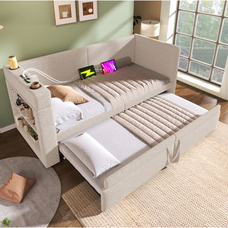 DESVIAE Lit de jour capitonné avec lit gigogne 90 x 200 cm accoudoirs réversibles avec USB Type C porte gobelets rangement ouvert coton lin beige (1/5)