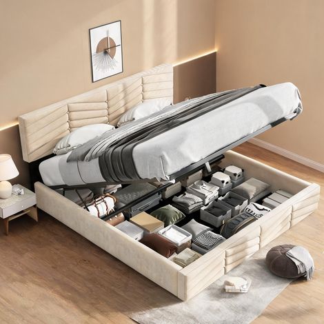 Cadre de lit beige en velours 80,9 x 65 x 37,4 cm (1/5)