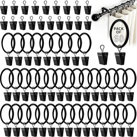 60 Pièces Pince Rideaux Noir, Anneaux Rideaux avec Pince Acier Inoxydable Accroche Rideau Anneaux à Pince pour Rideau Douche, Photo, Rideaux, Diamètre Intérieur de 35 mm