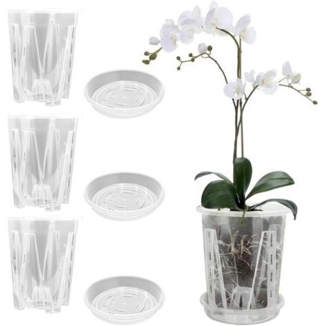 ALLIANDISLot de 3 pots en plastique transparent pour orchidées, avec trous de drainage et conception aérée – Convient aux plantes d’intérieur et d’extérieur (14 cm + soucoupe) (1/5)