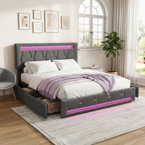 Lit adulte 160x200 - Cadre avec sommier - 4 tiroirs - LED RVB intégrée - Tête de lit réglable (1/5)