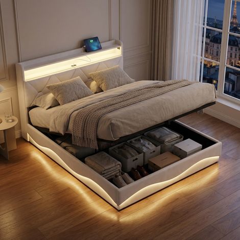 Letto contenitore 160x200 con rete a doghe, letto matrimoniale imbottito trapuntato con illuminazione LED e porta USB, testiera con contenitore, velluto, design moderno ondulato, Beige