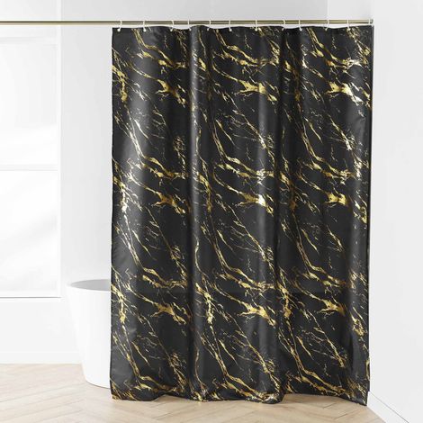 Rideau de Douche Imprimé "Aquamarbre" 180x200cm Noir & Or (1/4)