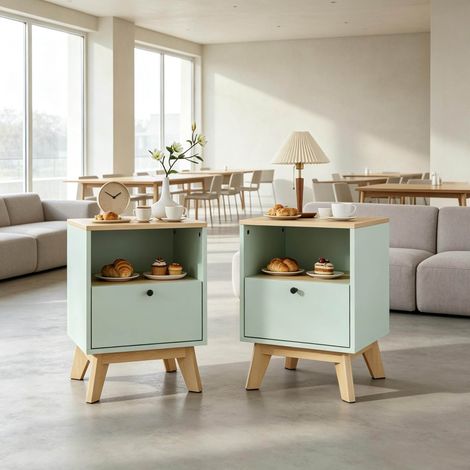 Set de 2 mesitas de noche MDF verde claro efecto roble con 1 cajón y hueco abierto (1/5)