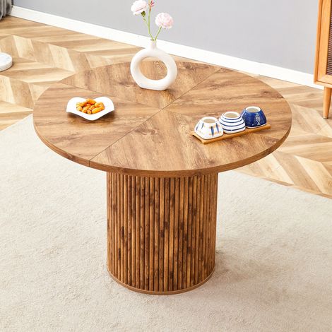 Table à manger ronde 100 cm couleur bois en MDF et métal avec rangement intégré et montage facile (1/5)