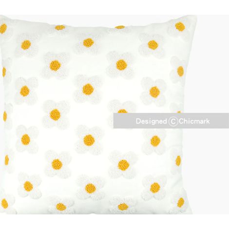 Housse de coussin brodée à petites fleurs jaunes, style nordique, coloris blanc cassé, 45 x 45 cm, idéale pour le salon et parfaite pour Instagram. (1/5)