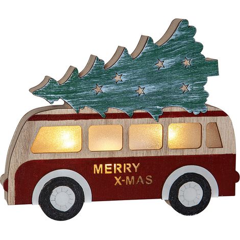 Guirlande lumineuse LED de Noël « Billy » en bois, piles + minuteur, bus avec sapin, blanc chaud, L 20 cm (1/5)