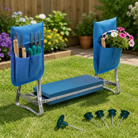 Set per l'irrigazione e il comfort in giardino (2 pezzi) – Confezione da 6 guide per tubi flessibili con picchetti e panca-ginocchiera (1/5)