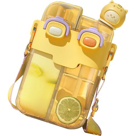 Gobelet en plastique élégant, gobelet à paille de grande valeur, gobelet à double compartiment mignon et créatif, gobelet portable, jaune vif, 780 ml. (1/5)